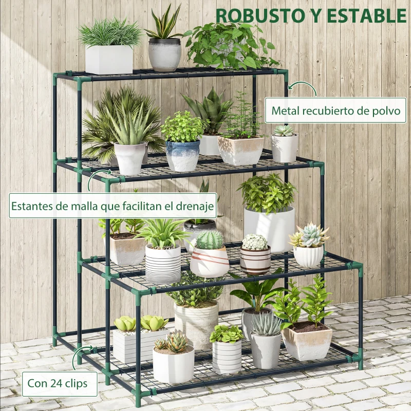 Outsunny Soporte para Plantas de 4 Niveles con Diseño Escalera y Estructura Metálica Resistente para Interior y Exterior Verde