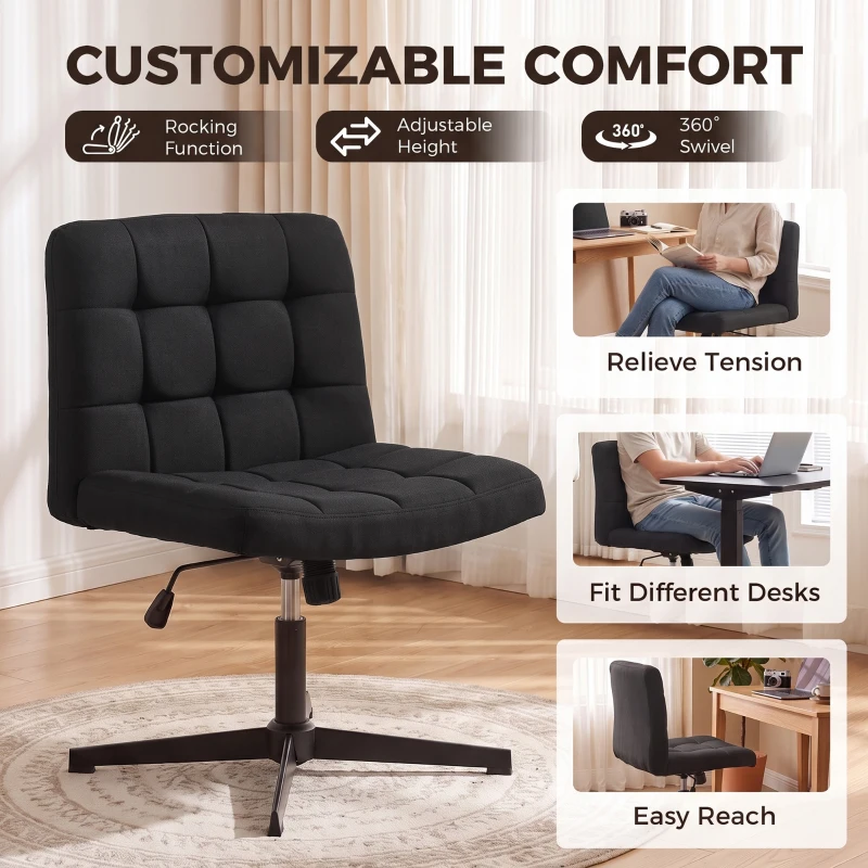 HOMCOM Armless Office Chair, Cross Legged Linen Computer Desk Vanity Chair with Wide Seat, Rocking Function, Black