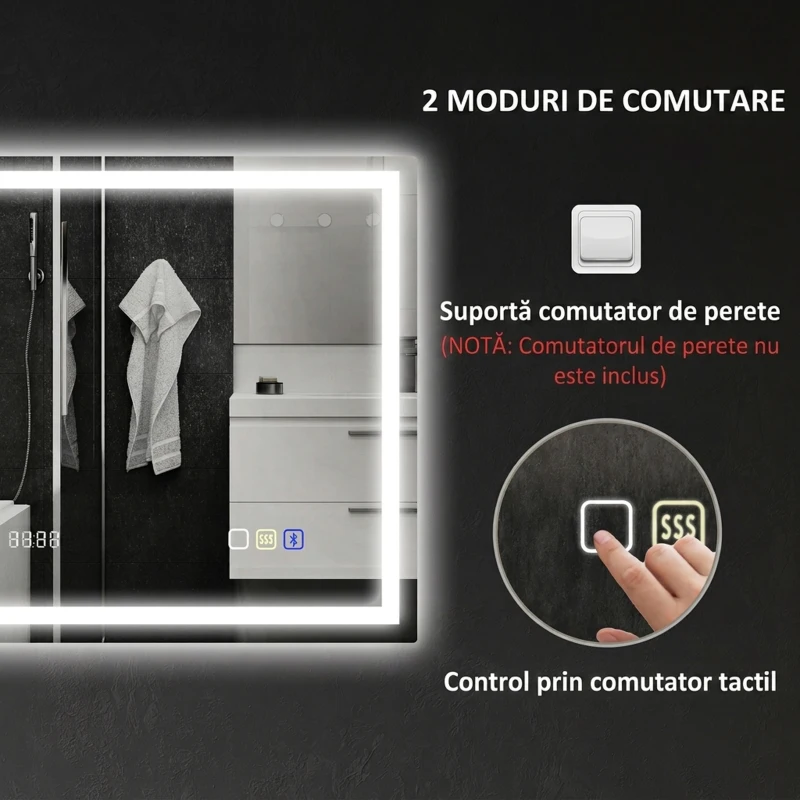 HOMCOM Oglindă Baie Anti-aburire Con Lumină Led E Difuzor Bluetooth 80x60 cm