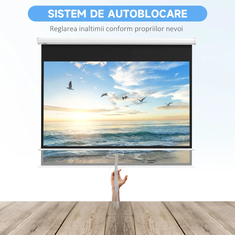 HOMCOM Ecran de Proiecție 80" 16:9 cu Frânghie de Reglare, din Plastic și Metal, 187x8x150 cm, Alb