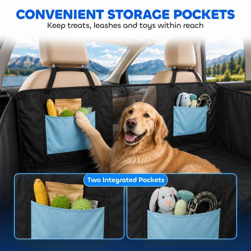 PawHut Dog Car Seat Cover, Waterproof Dog Travel Hammock w/ Non-Slip & Anti-Scratch Surface, Mesh Window and Pockets, Blue