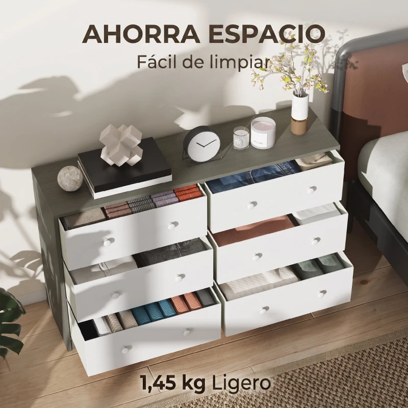 HOMCOM Cómoda con 6 Cajones de Tela Marco de Acero y MDF Cajonera para Salón Oficina Vestidor Blanco y Gris