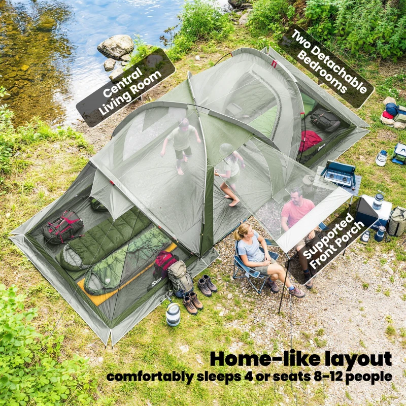 Outsunny Family Camping Tent 3000mm Waterproof Windproof Tunnel Tent 6 Person Two Bedrooms Green