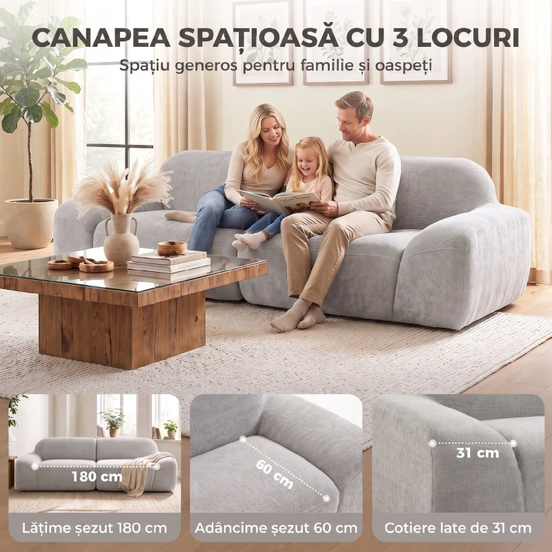 HOMCOM Canapea 3 Locuri cu Șezut Larg și Tapițerie Chenille, Spumă, 244x95x70 cm, Gri Deschis