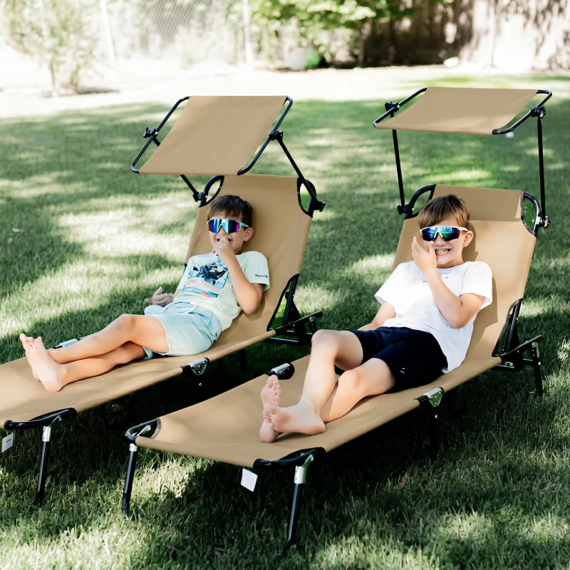 Outsunny 2 Piece Folding Sun Loungers with Canopy, Adjustable Recliner Garden Chairs with Side Pocket, Steel Frame and Breathable Mesh for Outdoor, Pool, Beach, Garden, Tan Brown