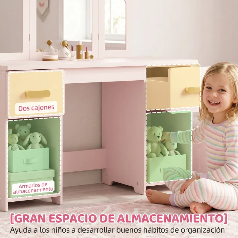 AIYAPLAY Tocador de Maquillaje Niñas con Taburete 3 Espejos Desmontables 2 Cajones 2 Armarios 7 Accesorios para +3 Años Rosa