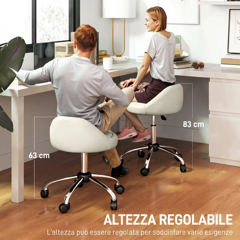 HOMCOM Sgabello con Ruote, Seduta Girevole, Altezza Regolabile e Rivestimento in Finta Pelle PU, Bianco