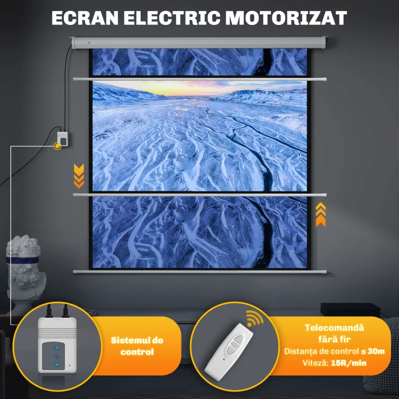 HOMCOM Ecran Proiector Motorizat de 85" cu Telecomandă, din Plastic și Metal, 176.5x8x176.5 cm, Alb