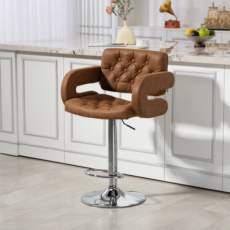 HOMCOM PU Leather Upholstered Swivel Bar Stool, Height Adjustable with Back, Armrest, Footrest, Brown