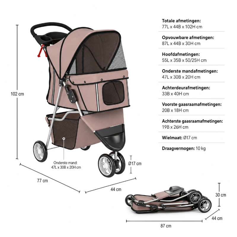 PawHut Opvouwbare Hondenbuggy voor Kleine Oudere Honden tot 10 kg, Koffiebruin, 77 x 44 x 102 cm