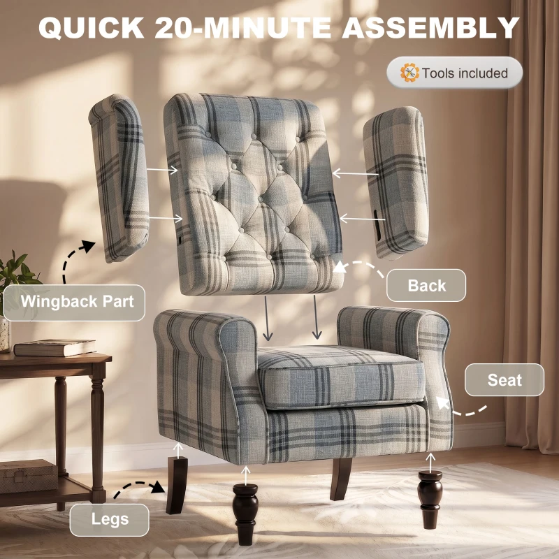 HOMCOM Faux Linen Armchair with Thick Spring Cushion, Wingback Accent Chair with High Back, Solid Wood Legs, Mixed Plaid