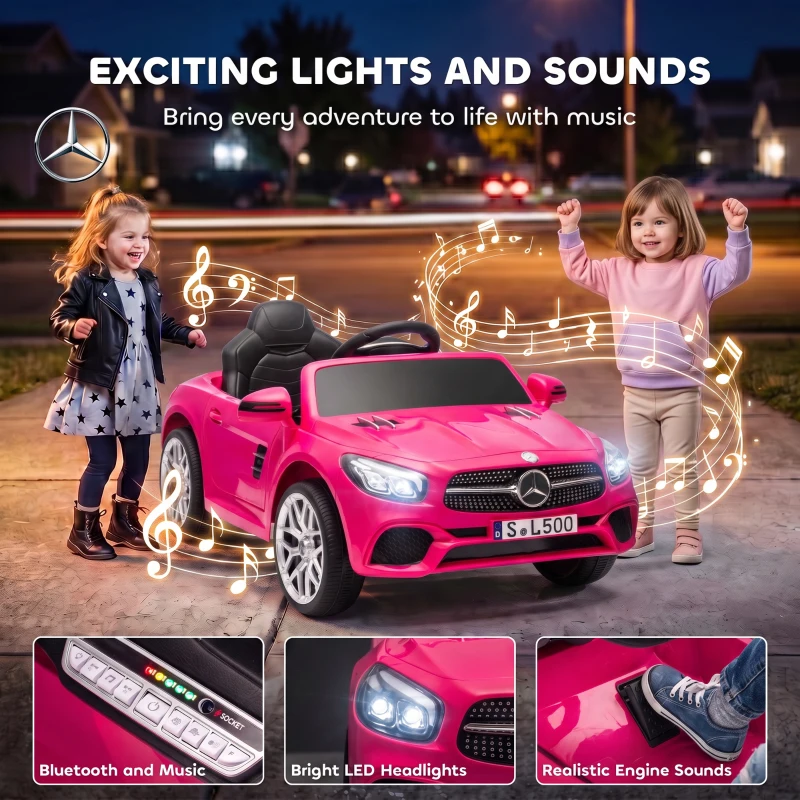 AIYAPLAY Voiture Électrique Enfants 12V Mercedes-Benz SL500, 3-5 km/h, 2 Moteurs, Télécommande 2,4G, pour 3-5 Ans, Rose