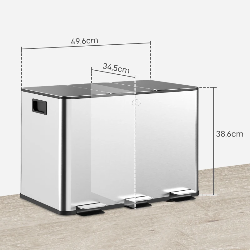 HOMCOM Mülleimer mit 3 x 10 L Fächern, Deodorant-Deckel, fingerabdrucksicher, Soft-Close, herausnehmbar, Silber