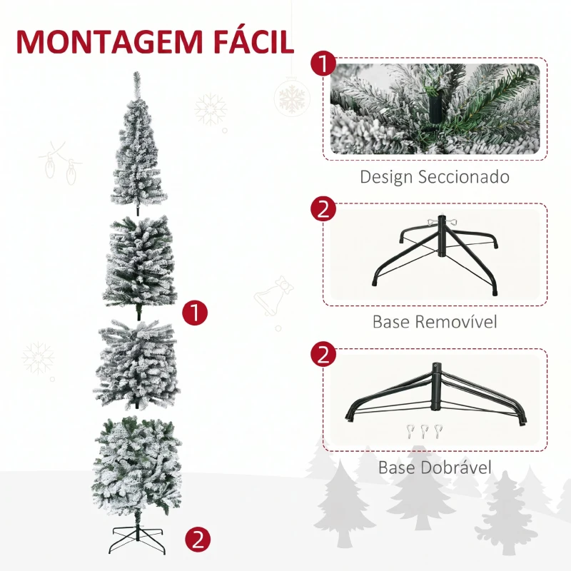 HOMCOM Árvore de Natal Estreita 270 cm com Efeito Neve, 1014 Ramos e Suporte Metálico, Verde e Branco