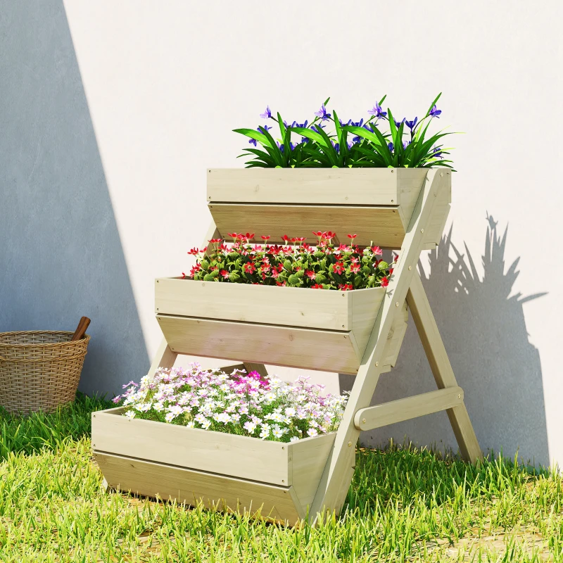 Outsunny Vertikales Hochbeet mit 3 Etagen Vertikalbeet aus Holz Blumenkasten mit 3 Pflanzkästen Ablauflöchern Grün