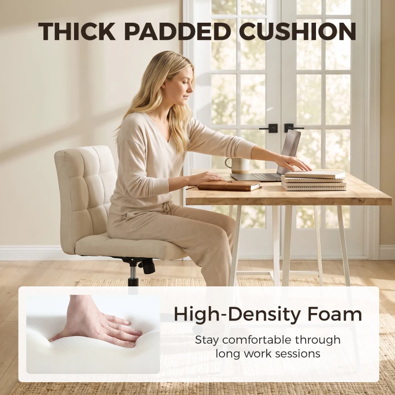 HOMCOM Armless Office Chair, Cross Legged Linen Computer Desk Vanity Chair with Wide Seat, Rocking Function, Beige