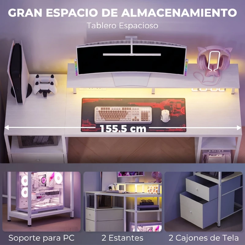 HOMCOM Mesa de Escritorio con Luces LED Cajones Tomas de Corriente Puertos USB y Soporte para Monitor 155,5x48x88,5 cm Blanco