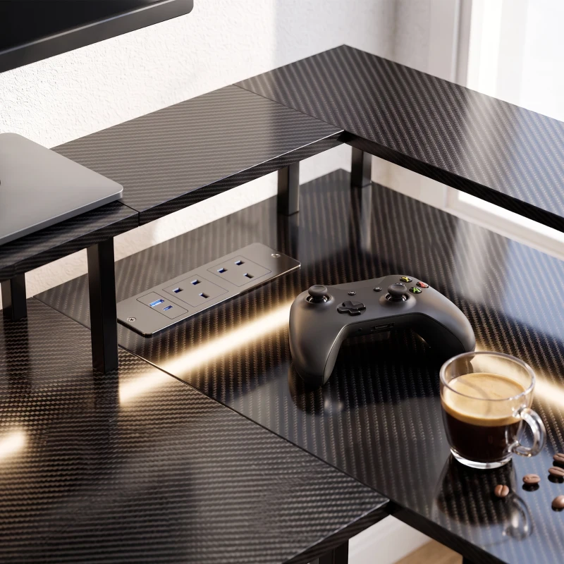 HOMCOM L Shaped Gaming Desk with LED Lights and Power Outlets, 150cm Corner Computer Desk for Small Space, Black
