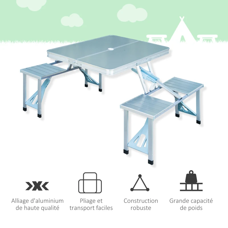 Outsunny Table de Camping Pique-Nique Pliante Aluminium 4 Places en Valise