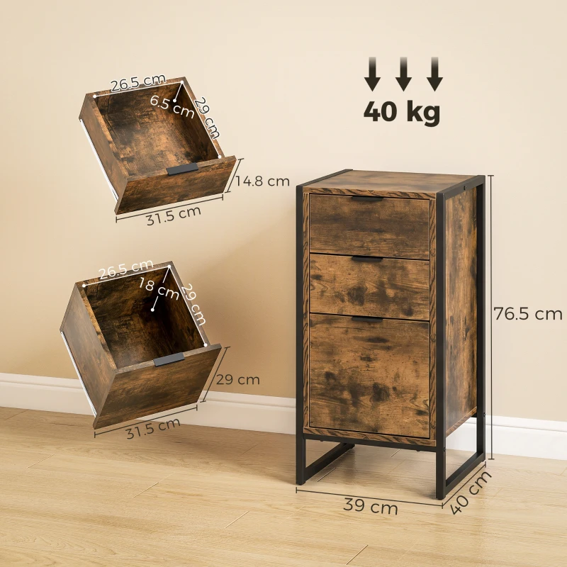 HOMCOM 3 Drawer Chest of Drawers, Industrial Bedside Cabinet with Metal Frame and Runner, Small Storage Unit for Bedroom, Living Room or Office, 39 x 40 x 76.5 cm, Rustic Brown