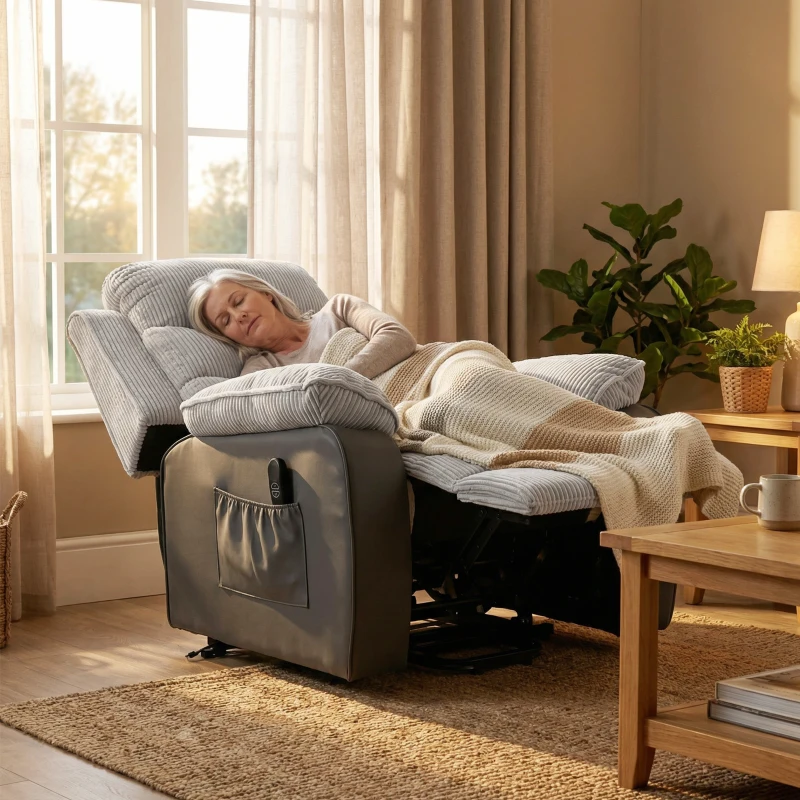 HOMCOM Power Lift Chair for Elderly, Corduroy Recliner with Wide Seat, High Back, USB Port, Side Pockets, Light Grey