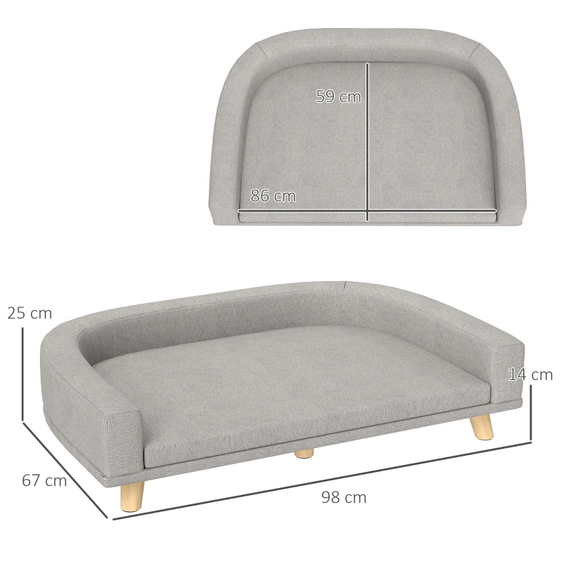 PawHut Divano per Cani di Taglia Grande con Cuscino Sfoderabile, in Poliestere e Legno, 98x67x25 cm, Grigio