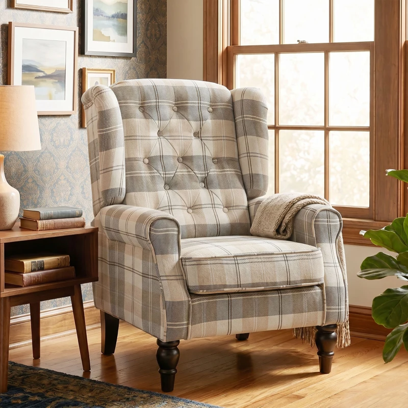 HOMCOM Wingback Accent Chair, Linen-Look Fabric Armchair with Thick Spring Cushion, High Back, Khaki Plaid