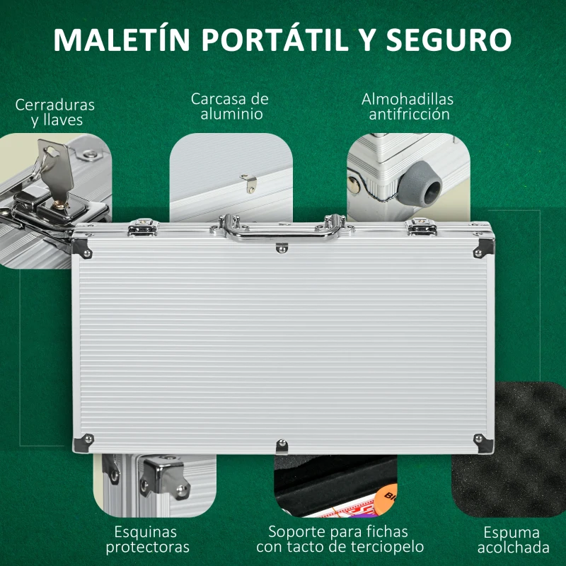 SPORTNOW Set de Póker con 300 Fichas 2 Barajas de Cartas Dados Tapete y Botón de Crupier Set de Casino Texas Hold'em con Maletín