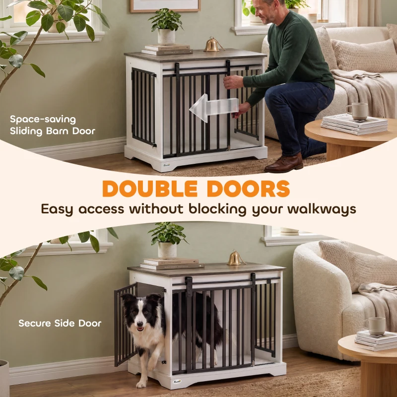 PawHut 80 cm Dog Crate Furniture with Sliding Barn Door for Medium Dogs, White
