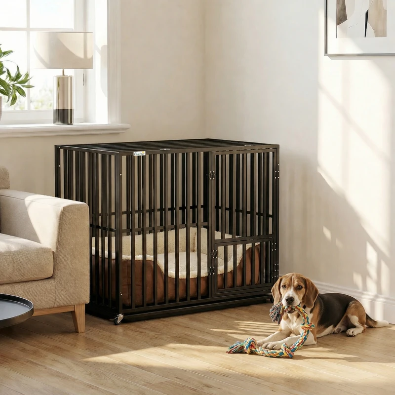PawHut Heavy Duty Dog Crate, Dog Cage with Wheels for Small Medium Breeds, Metal Pet Kennel with Removable Tray