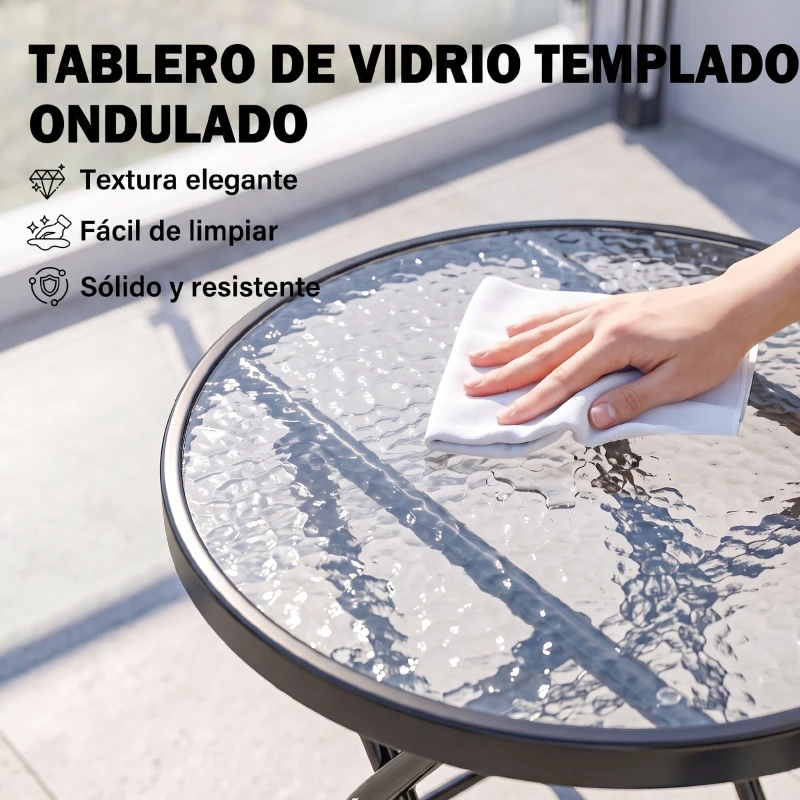 Outsunny Mesa Auxiliar de Vidrio Redonda Plegable Mesa de Jardín con Hebilla de Seguridad Borde Cubierto de Metal Patio Interior y Exterior Ø45x50 cm Negro