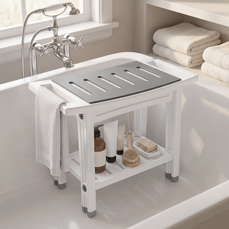 HOMCOM Shower Bench 2-Tier Shower Stool Bathroom with Shelf White and Grey