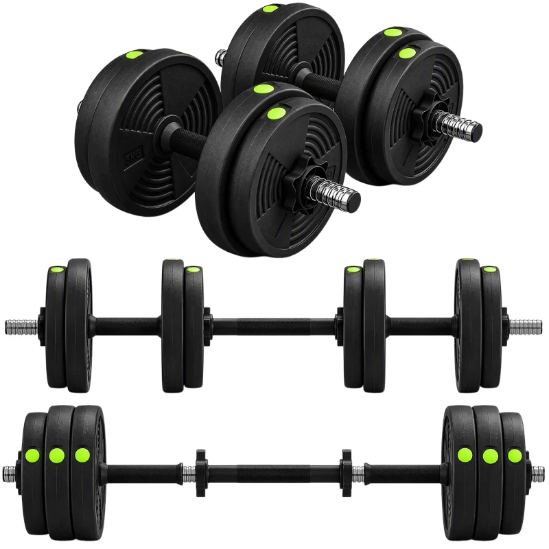 SPORTNOW Haltères 2 en 1 réglables, haltères libres avec poignées antidérapantes, 15 kg - barres incluses noir et vert