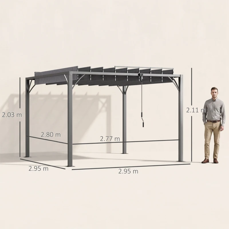 Outsunny 3 x 3(m) Outdoor Pergola with Retractable Roof, Aluminium Louvered Patio Gazebo Canopy for Garden, Patio, Grey