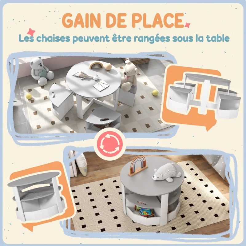 AIYAPLAY Table Enfant avec 4 Chaises 5 Pièces avec Rangement, Cadeau pour Fille Garçon 3-8 Ans, Ø 78 x 49 cm, Gris