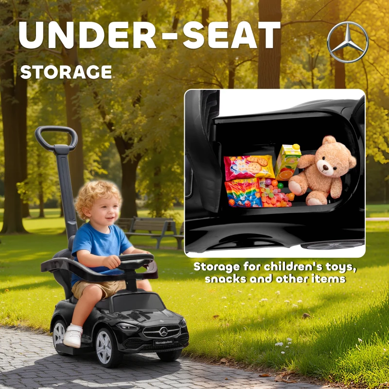 AIYAPLAY 2 in 1 Baby Ride on Push Car Mercedes-Benz C-Class Licensed Walker Foot to Floor Push-Along with Removable Handle, Black