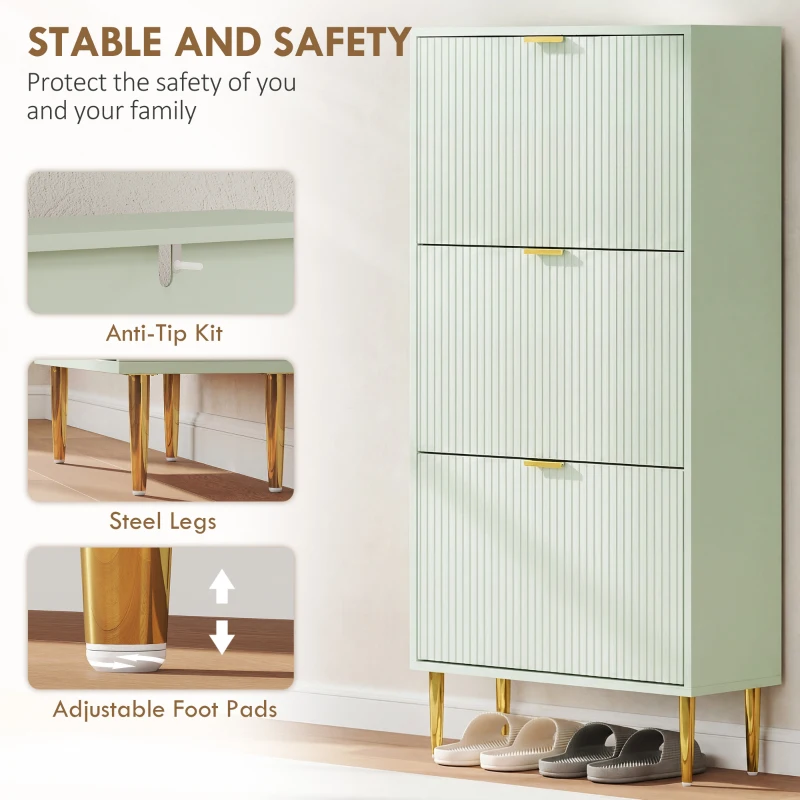HOMCOM Elegant Three-Drawer Shoe Cabinet - Light Green