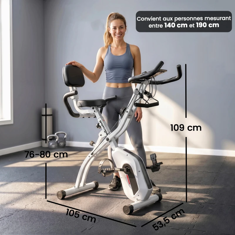 SPORTNOW Vélo d'Appartement Pliable Vélo de Fitness 3 en 1 Silencieux Connecté Kinomap Bluetooth et Zwift 105x53,5x109cm Blanc