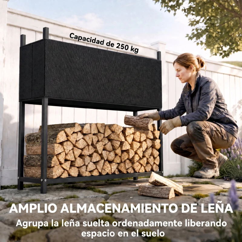 Outsunny Estante de Leña con Funda Oxford 600D Leñero de Acero Galvanizado Robusto Carga 250 kg para Interior y Exterior Negro