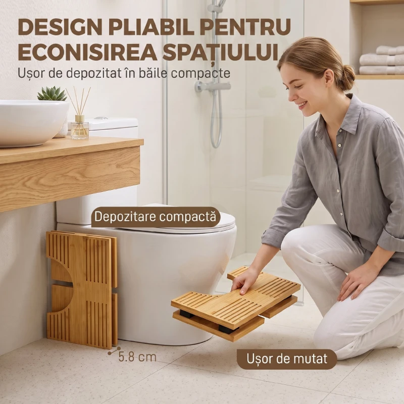 HOMCOM Scaun Pliabil de Toaletă din Bambus cu Picioare Antiderapante, Stejar