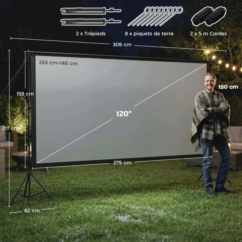 HOMCOM Écran de projection avec trépieds 120 pouces 16:9 HD 4K/8K, écran videoprojecteur portable, 309x62x217cm, blanc et noir