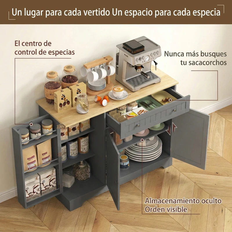 HOMCOM Aparador de Cocina Armario de Cocina con 3 Estantes de Puerta Cajón Estantes Ajustables para Comedor 105x40x83 cm Gris