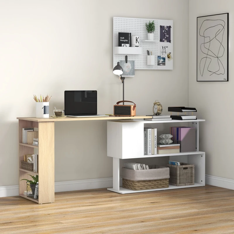 HOMCOM Corner Computer Desk, L Shaped Desk with 360° Rotating Bookshelf, 120L x 110W x 74.5H cm, Natural and White