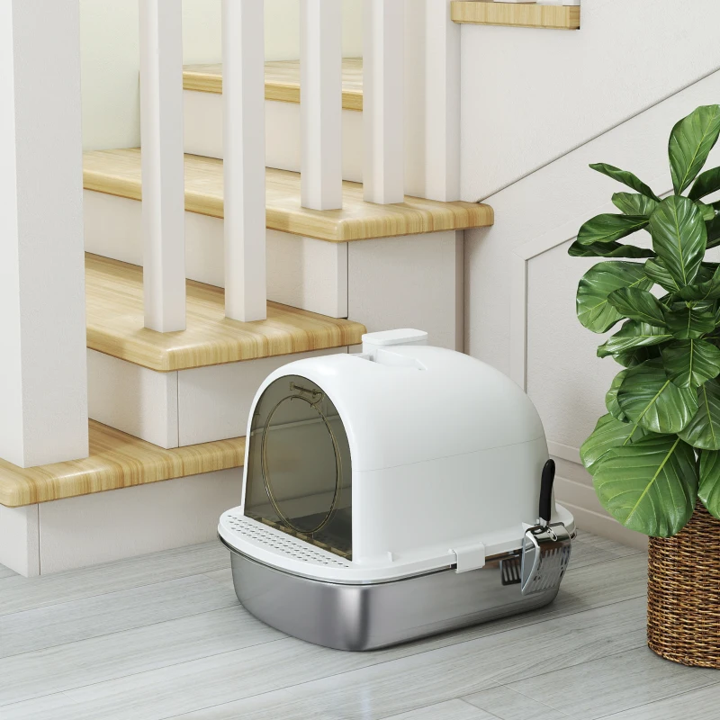 PawHut Lettiera Gatto Chiusa L in Acciaio Inox con Maniglia, Paletta, Pacchetto Deodorante, Antiperdita, Bianco