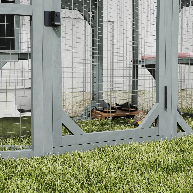 PawHut Catio Outdoor Cat Enclosure,  Wooden Cat House with Platforms, Condo and Waterproof Cover for 2–3 Kittens, Grey