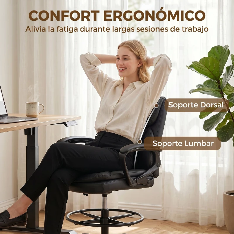 HOMCOM Silla de Dibujo Silla de Escritorio Ergonómica Giratoria con Altura y Reposapiés Ajustable Negro