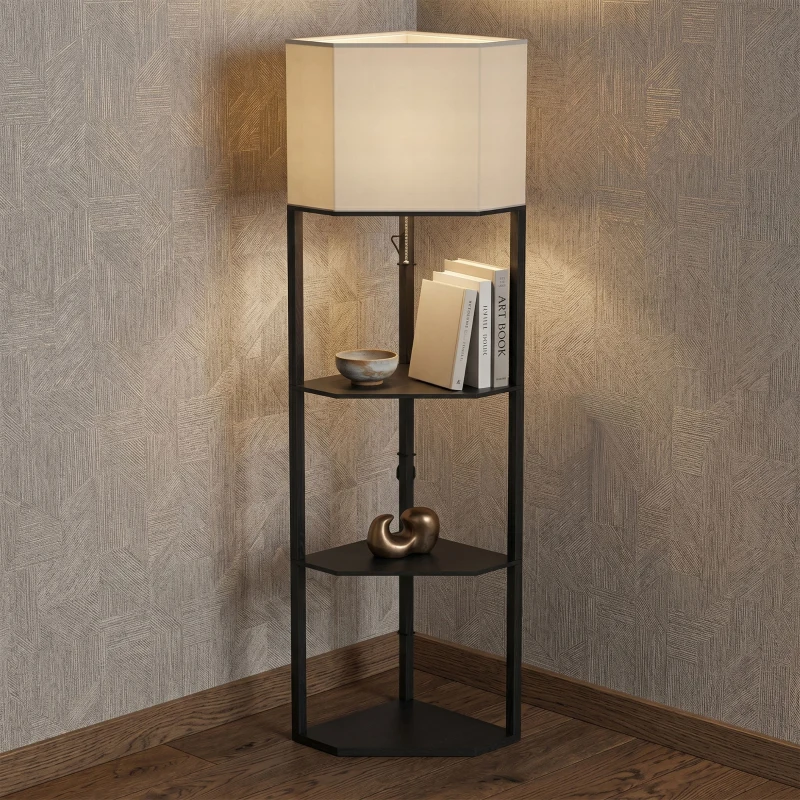 HOMCOM Corner Floor Lamp with Shelves and Lights, Modern Dimmable Standing Lamp with 3000K/4000K/6000K Colour Temperature