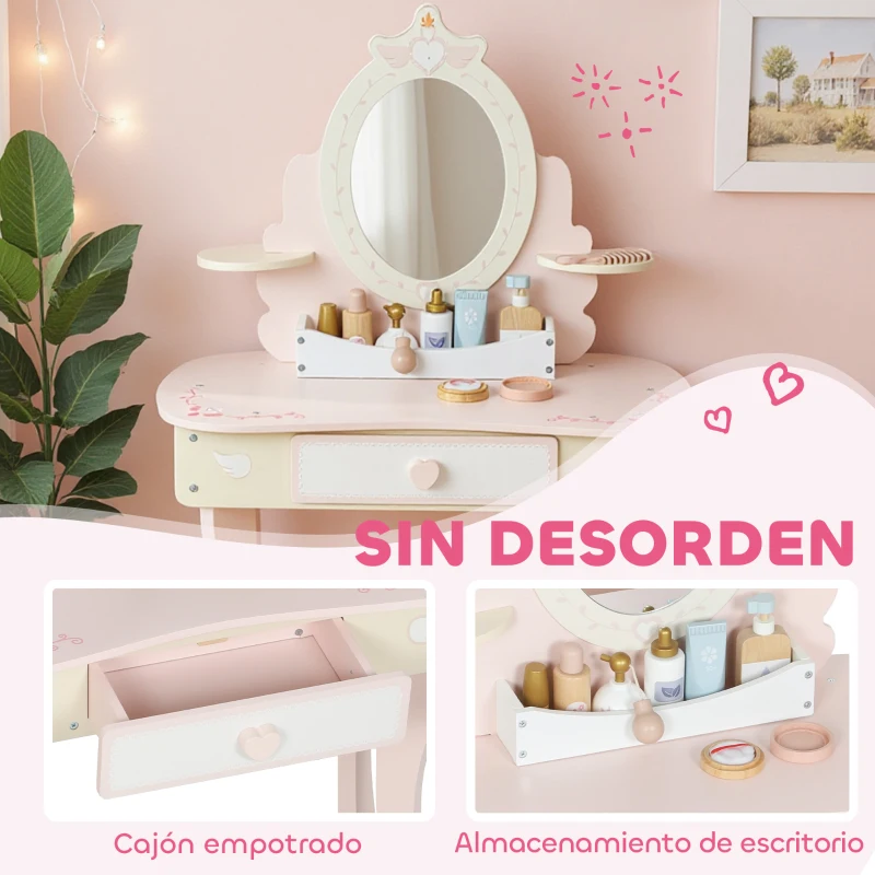 AIYAPLAY Tocador para Niñas 2 en 1 Escritorio con Taburete Espejo Cajón 7 Accesorios para Niños a Partir de 3 Años Rosa