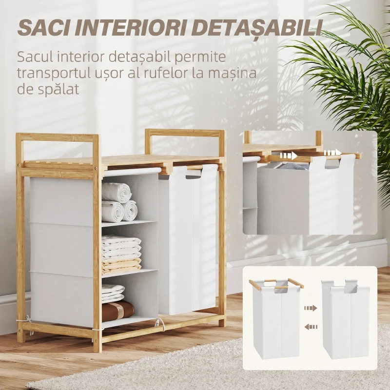 HOMCOM Coș pentru rufe cu 2 saci detașabili, mânere și raft din bambus, 70x36x70 cm, alb