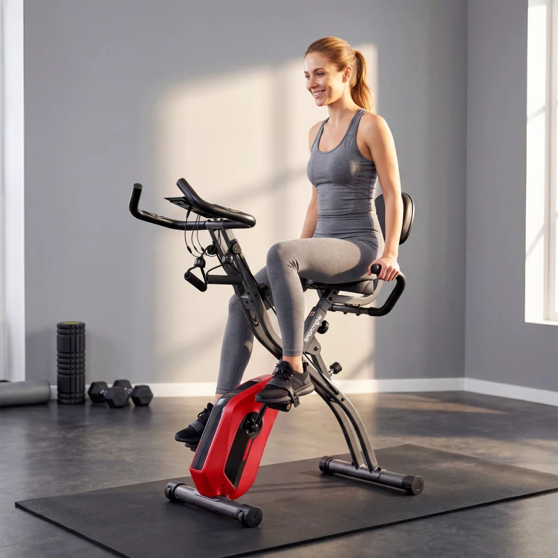 SPORTNOW 4-In-1 Folding Exercise Bike with Resistance Bands, Bluetooth App, 8-Level Magnetic Resistance, LCD Display, Red